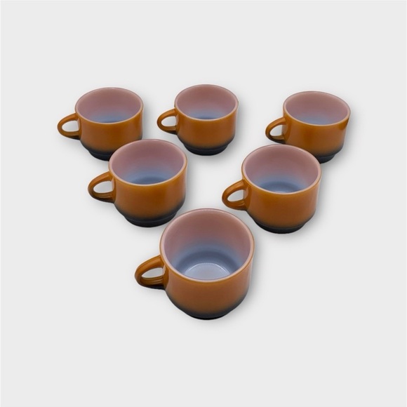 Vintage 60s Fire King Orange and Black Ombré Milk Glass Stackable Mugs set of 6 - Picture 9 of 15
